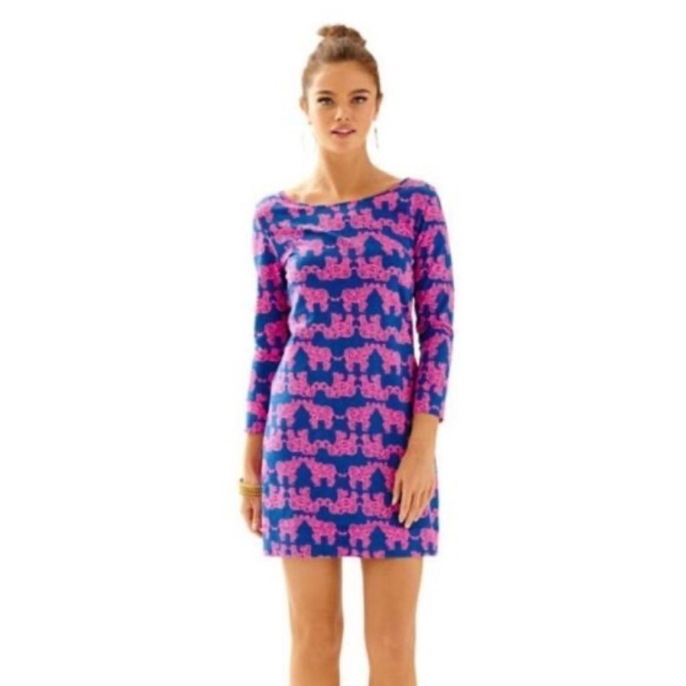 LILLY PULITZER Marlowe Shift mini dress blue w pink elephants sz M